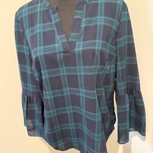 J. Crew Blue and Green Tartan Plaid V-Neck Bell Sleeves Women’s Top M